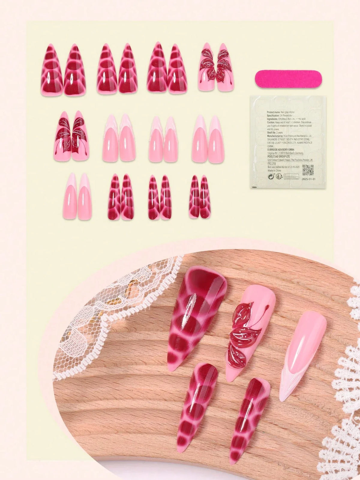 Rose R - 24 Set French Almond Shaped Acrylic Press on Nails - GlamGrip Beauty
