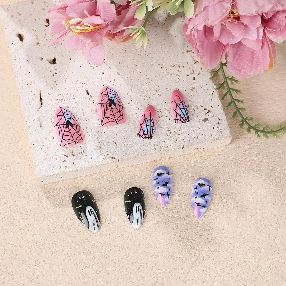 Salon Quality Halloween Ghost Press On Nails – Medium Almond Acrylic Full Cover | Reusable Set of 24 - GlamGrip Beauty