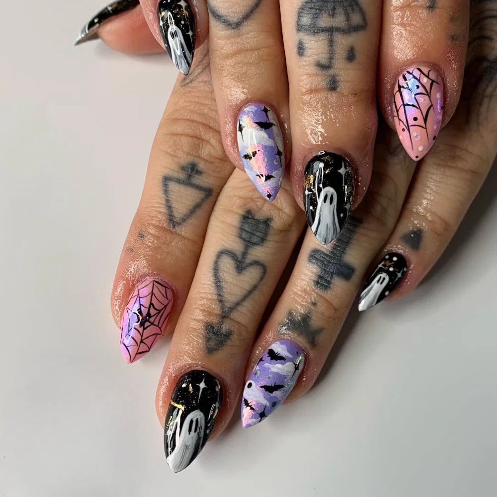 Salon Quality Halloween Ghost Press On Nails – Medium Almond Acrylic Full Cover | Reusable Set of 24 - GlamGrip Beauty