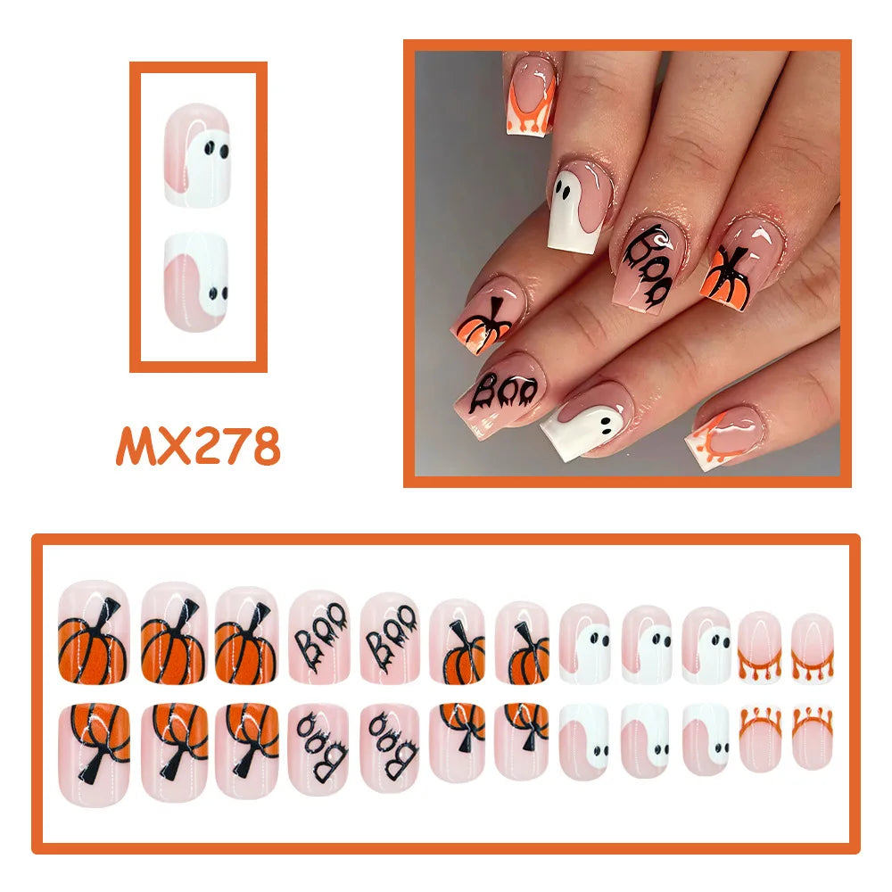 Halloween Press On Nails Set With Ghost & Pumpkin Art - GlamGrip Beauty