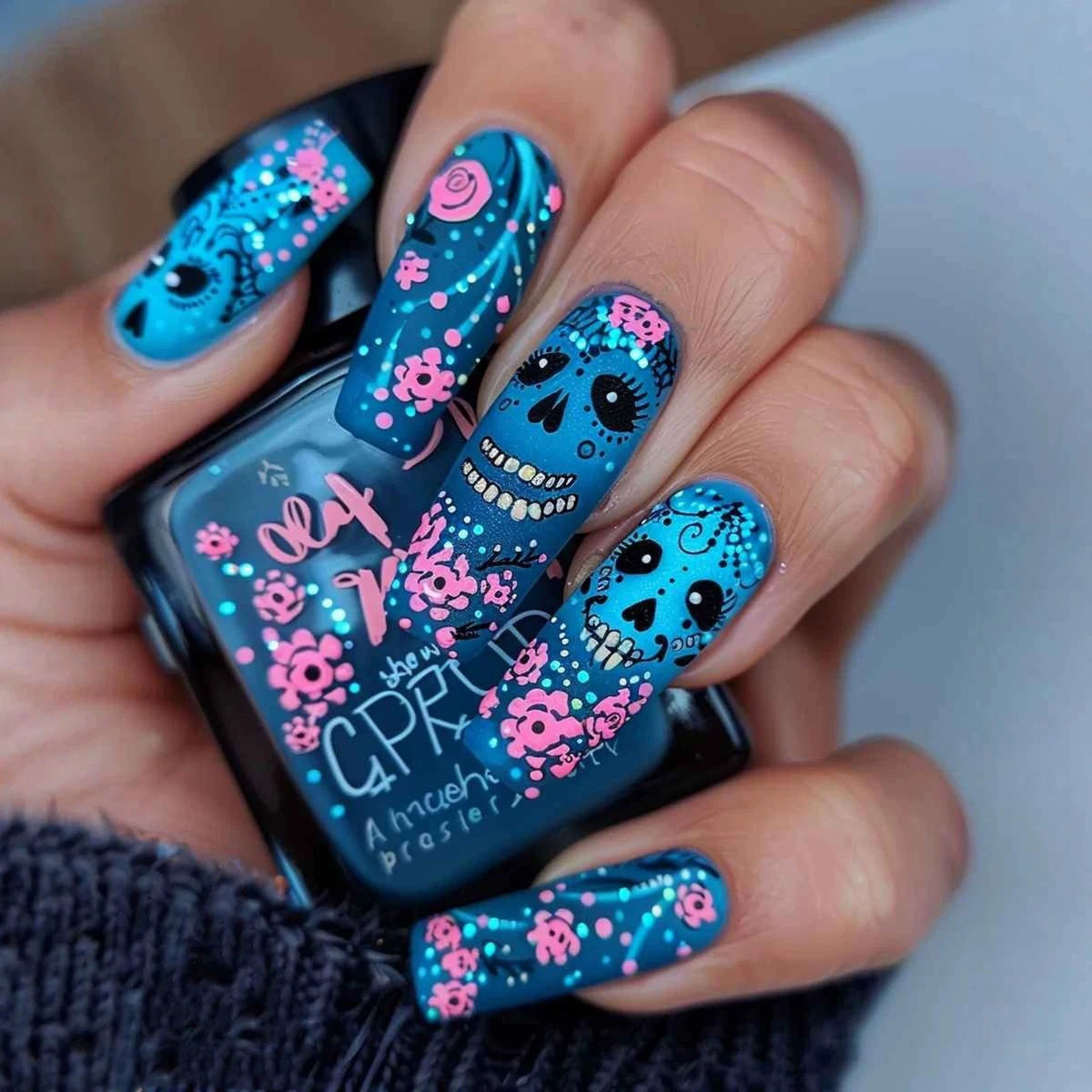 Lake Blue Matte Press On Nails – Skull & Flower Design - GlamGrip Beauty