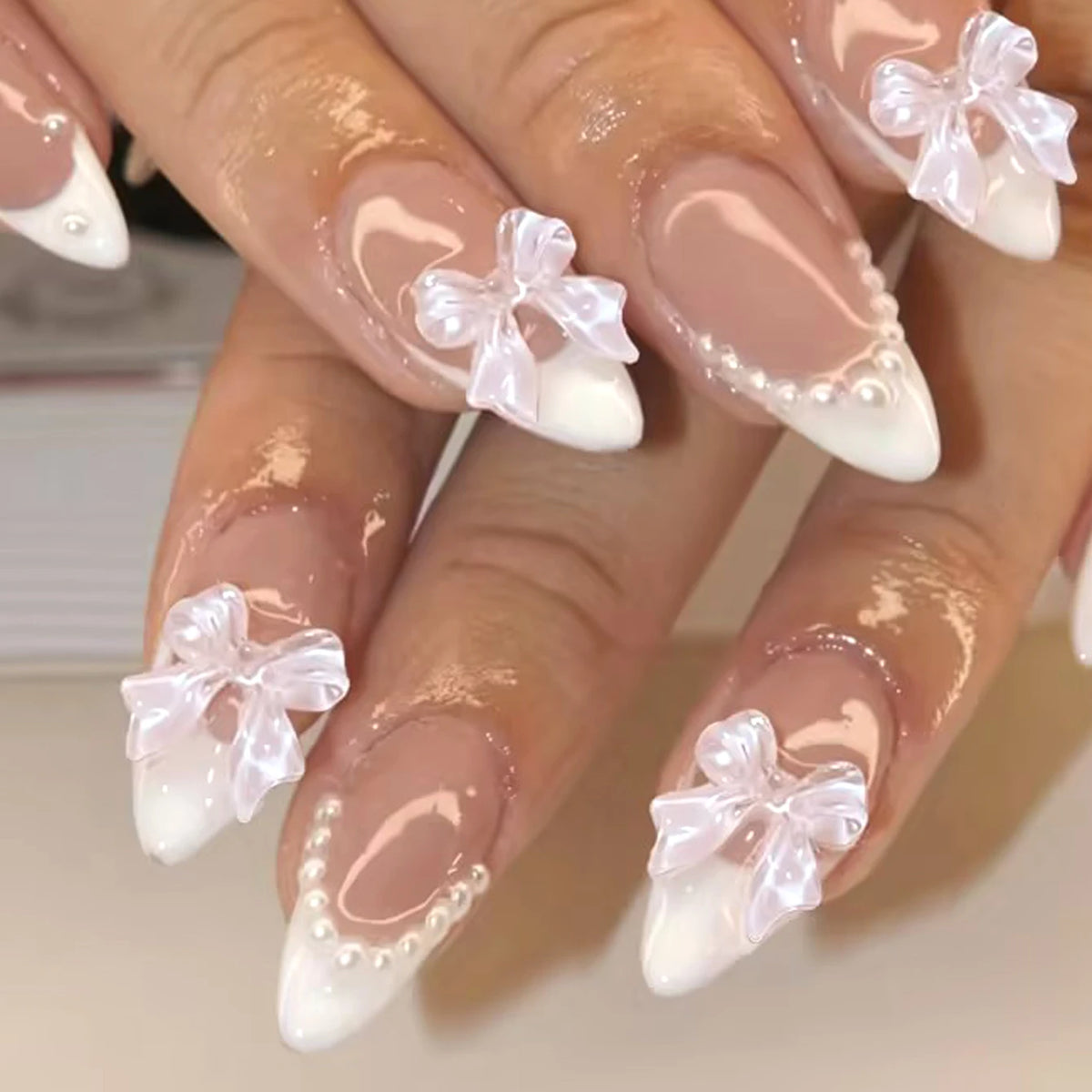 Pearl Bow - 24 PCS Medium Almond Press on Nails - GlamGrip Beauty