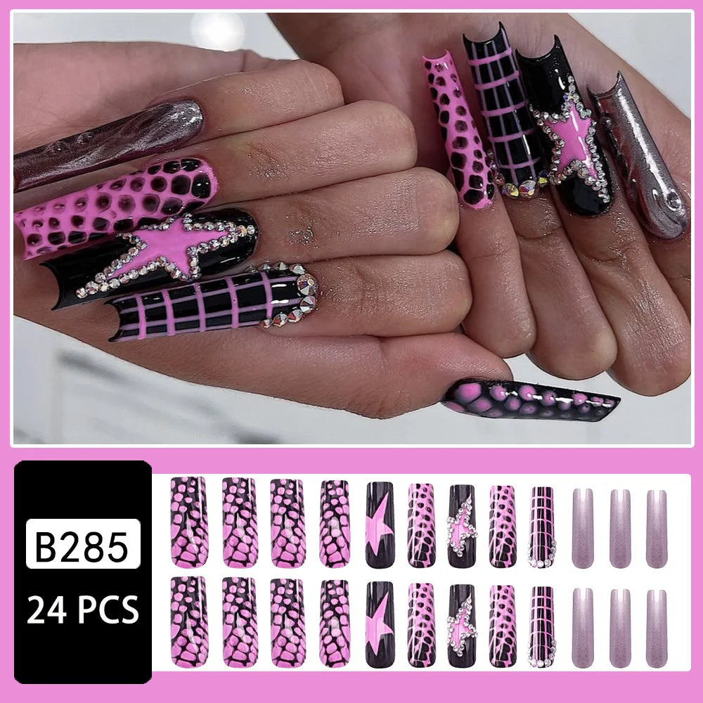 Smoky Plum Black Long Ballet Press On Nails – Gothic Star Print | Reusable Set of 24 - GlamGrip Beauty