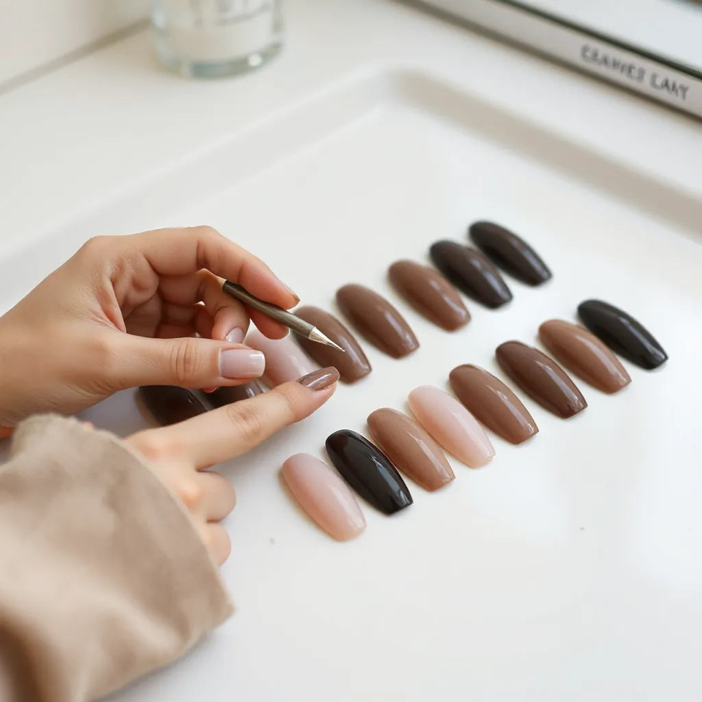 Medium-length press-on nails laid out on a clean surface with a hand applying one nail