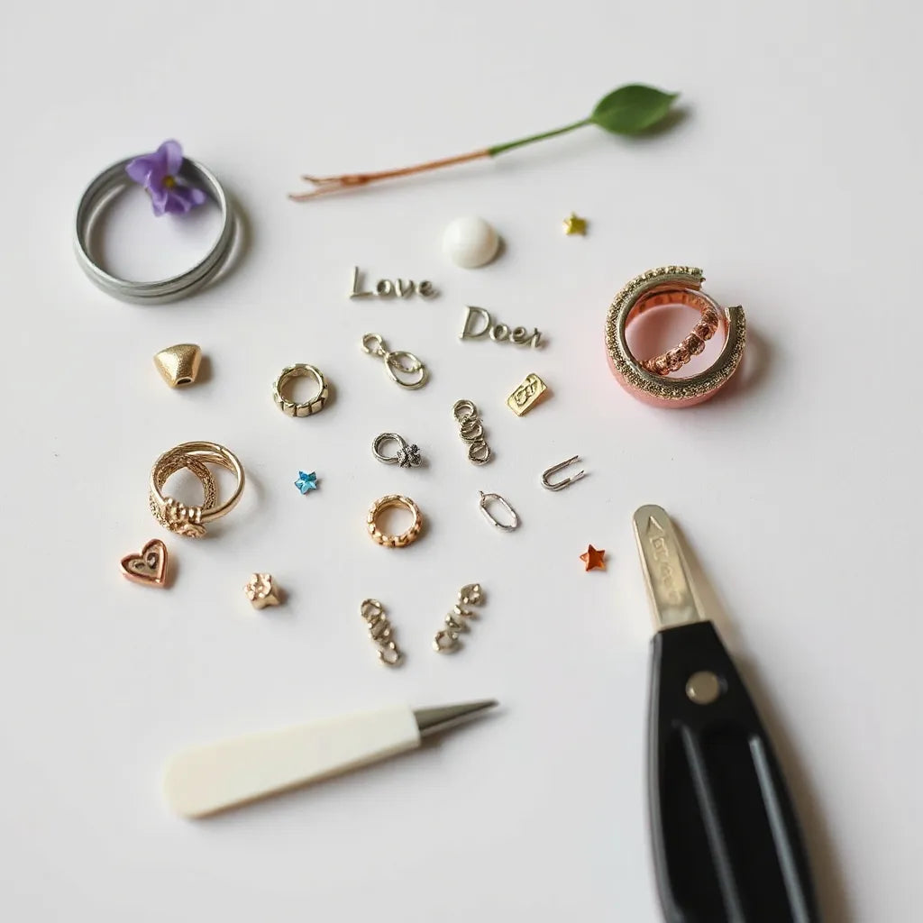 Assorted nail accessories including charms, nail tabs, and cuticle oil arranged on a clean tabletop