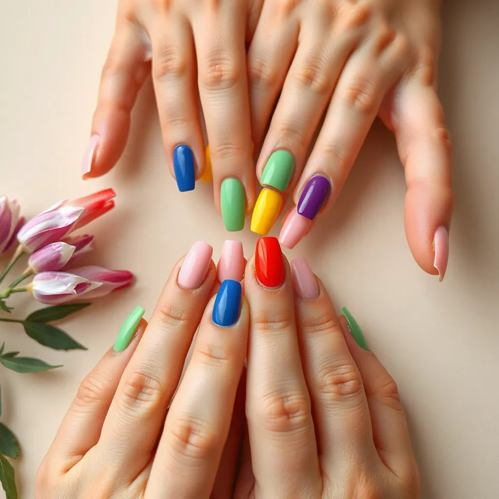 Hands with colorful press-on nails in bright solid colors on a clean neutral background
