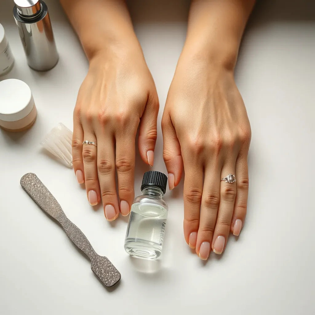 Neatly applied press-on nails with manicure tools and cuticle oil on a clean vanity