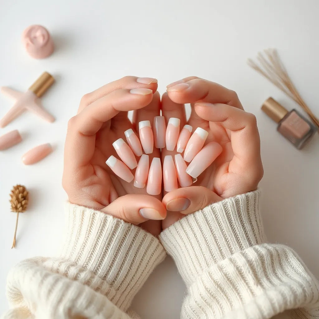 Assorted trendy nail shapes displayed on a tidy vanity with soft neutral tones and natural lighting
