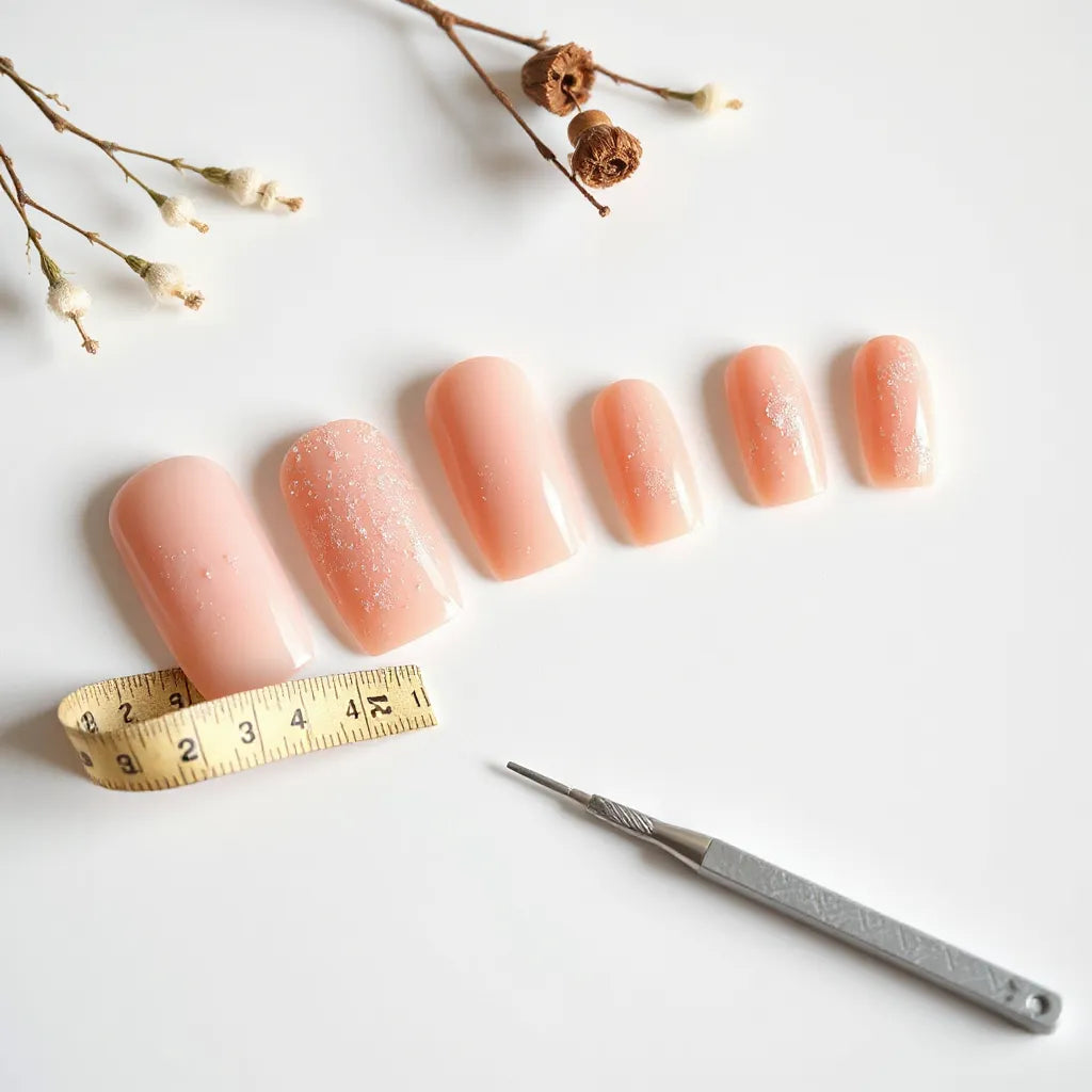 Assorted artificial nail tips on a clean surface with a buffer and measuring tape nearby