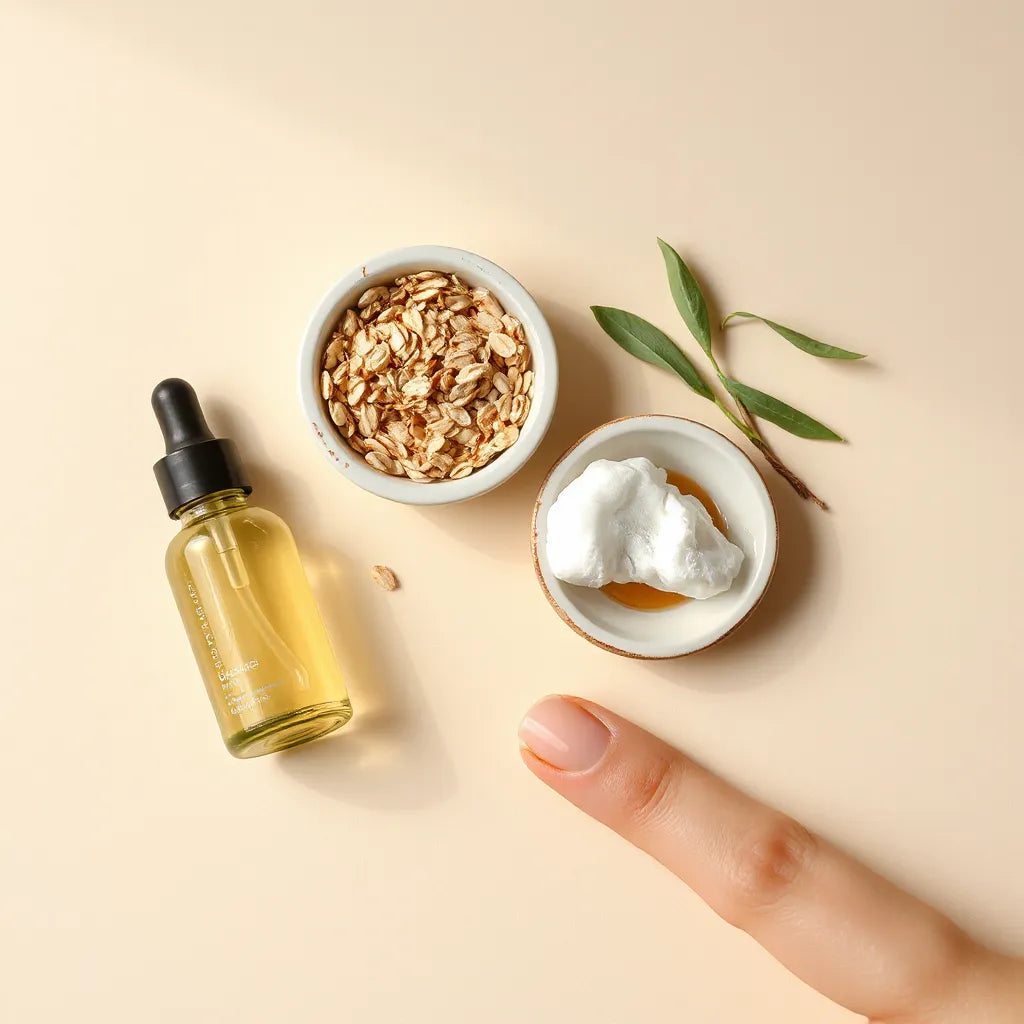 Natural skincare flat lay with dropper bottle, honey and oats, and soft cotton pads