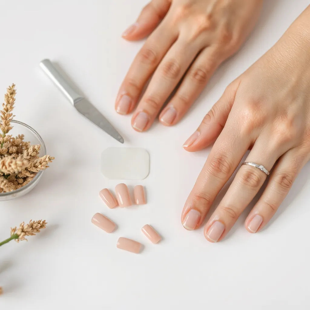 Hands arranging custom press-on nails with tools on a clean surface
