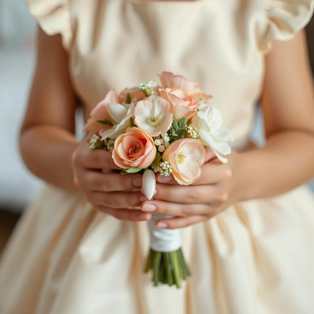 Flower girl hands holding a pastel bouquet with elegant floral press-on nails in a soft wedding setting