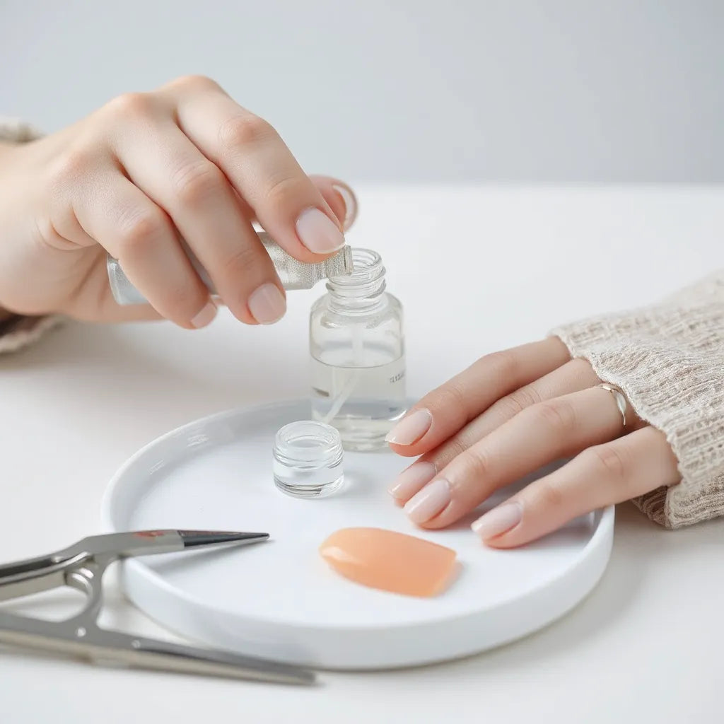 A clear nozzle glue bottle applying press-on nail adhesive to a single nail for a lasting hold