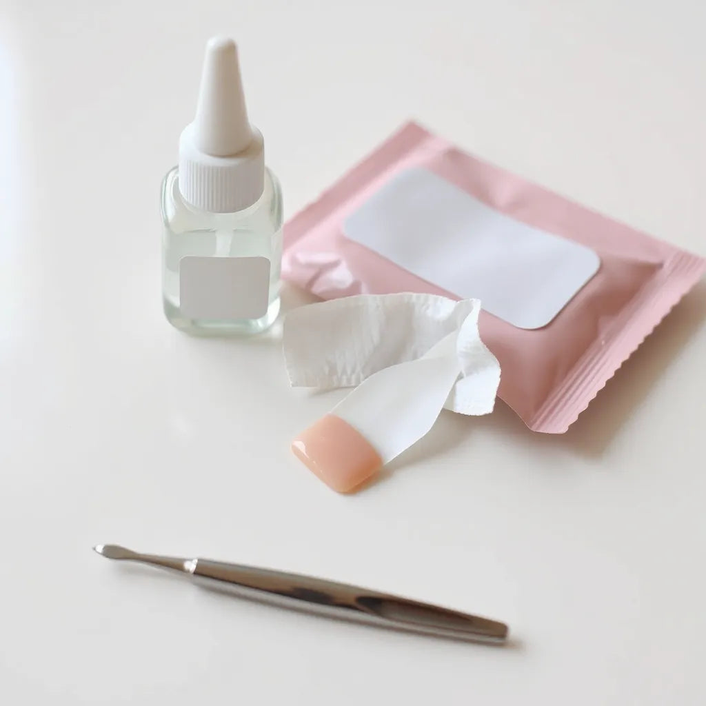 Clear nail glue bottle and a press-on nail on a clean manicure setup with tools for proper application