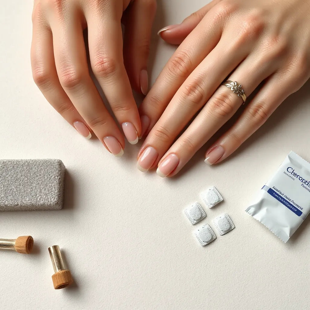 Reusable press-on nails being applied to a clean hand with nail prep tools nearby