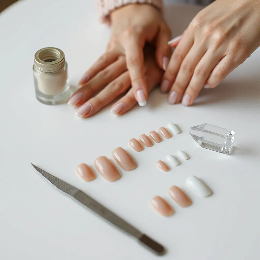 Press-on nails being matched and smoothed on a hand with a file and clean manicure tools