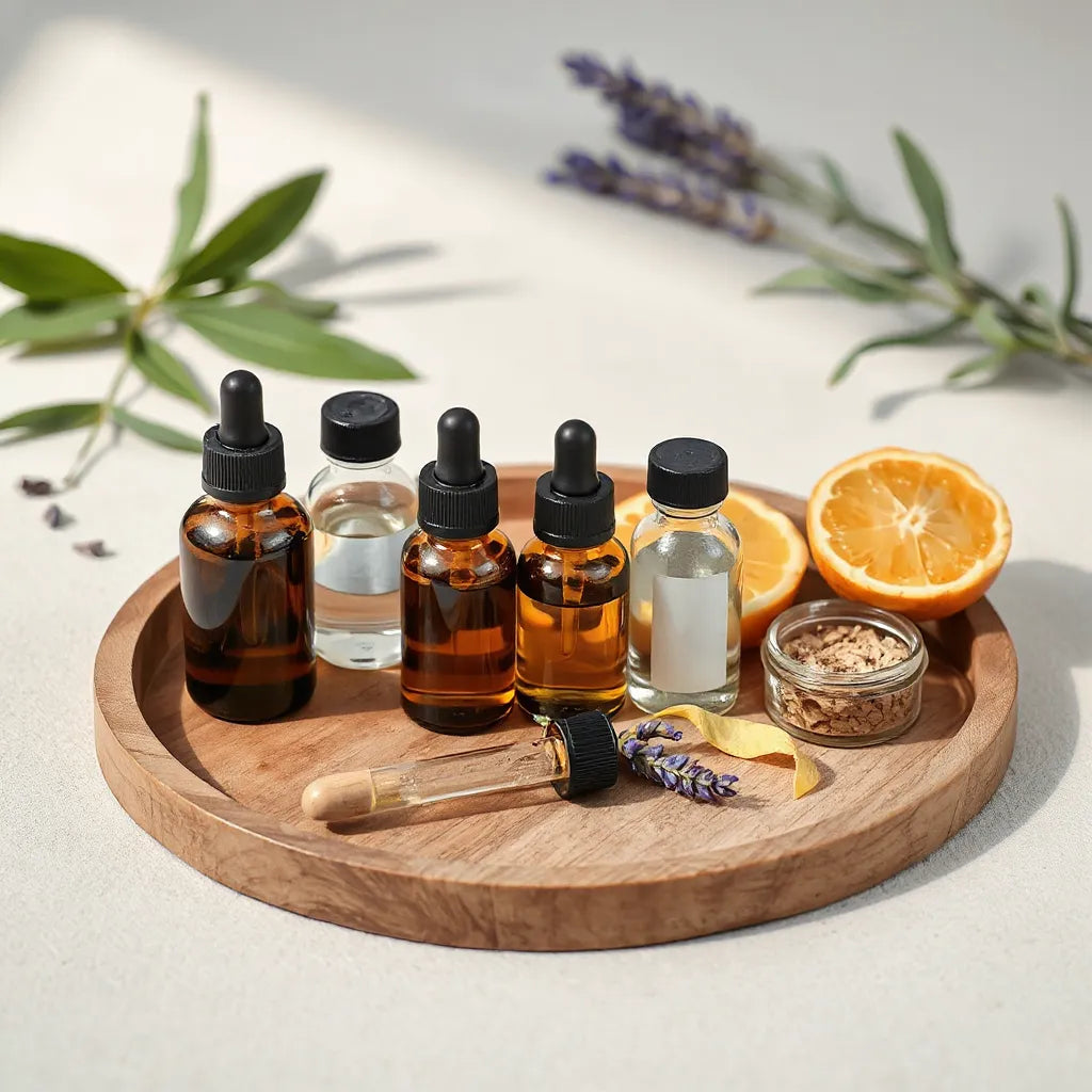 Glass essential oil bottles with droppers beside fresh lavender and citrus on a light wooden tray