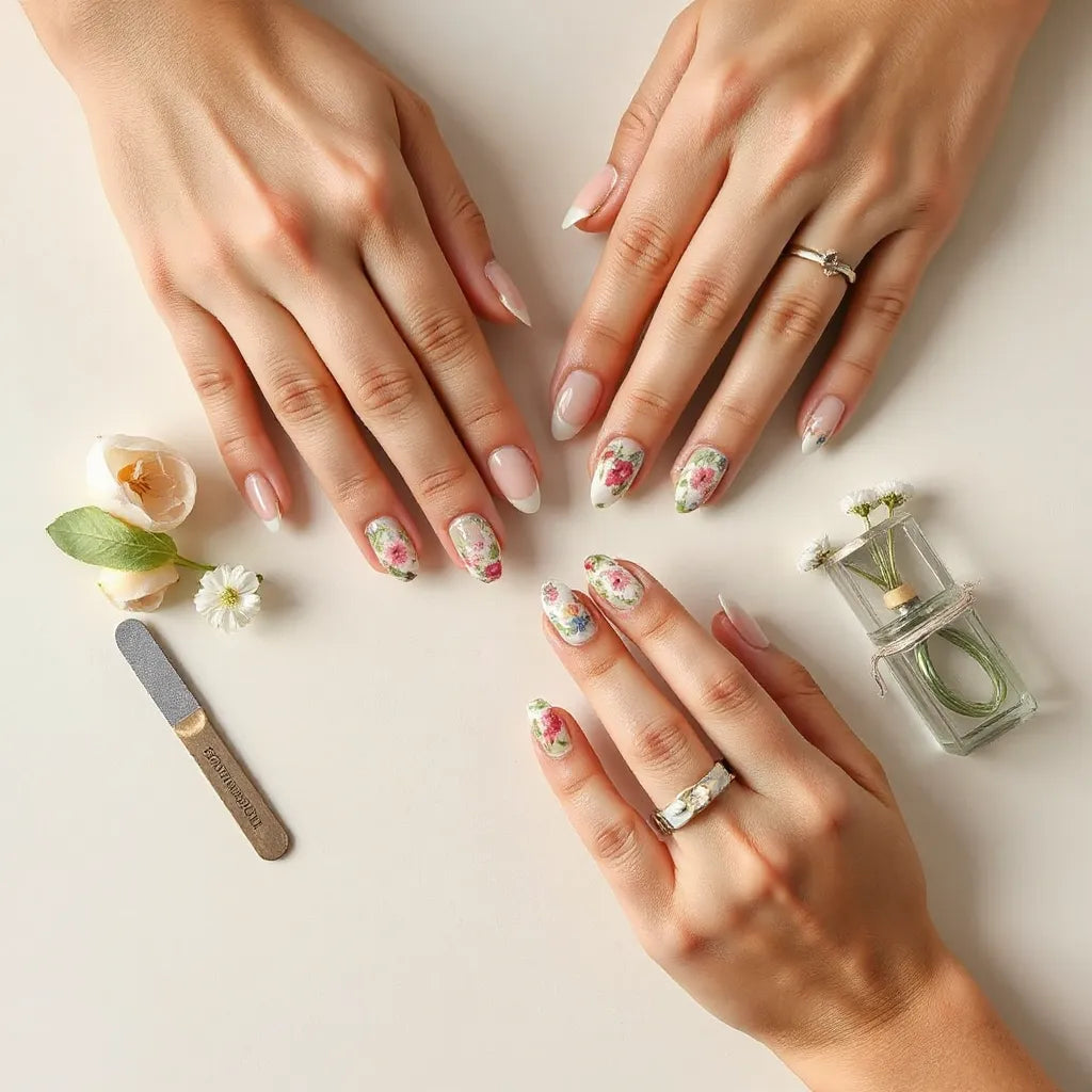Hands wearing floral print press-on nails with a natural, glossy finish on a clean neutral background