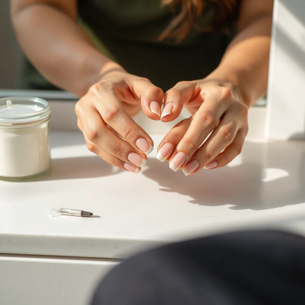 Hands applying realistic false nails on a clean vanity with adhesive and neatly arranged nail tips