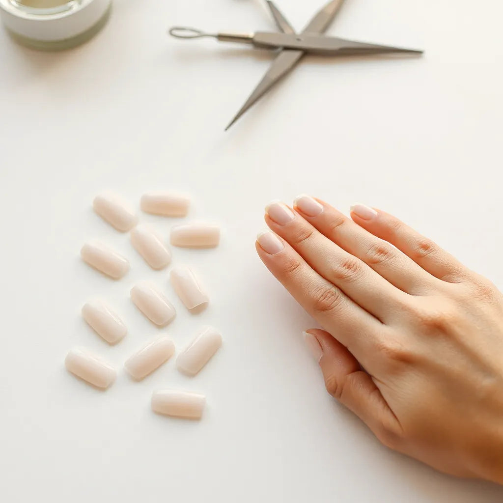 Short oval press-on nails with a visible smooth oval shape and tidy short length on a clean neutral background