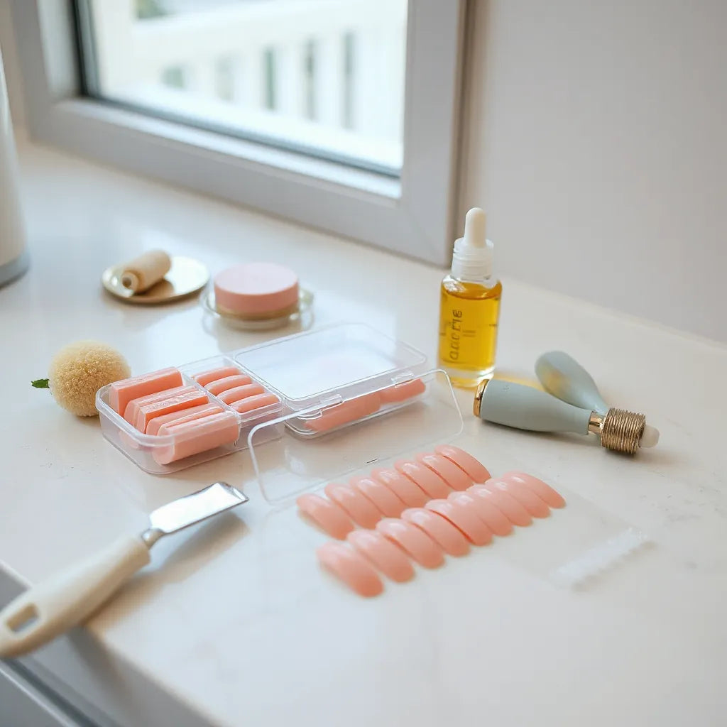 Reusable press-on nails arranged with a storage case and nail care tools on a clean vanity