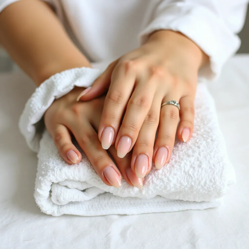 Close-up of hands with glossy press-on nails showing smooth, long-lasting edges