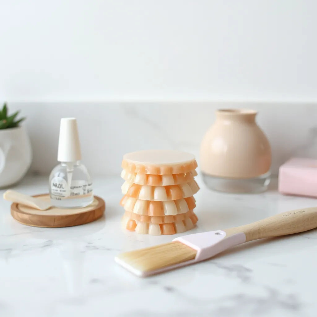 Neatly arranged press-on nails with adhesive bottle, nail file, and brush on a clean countertop