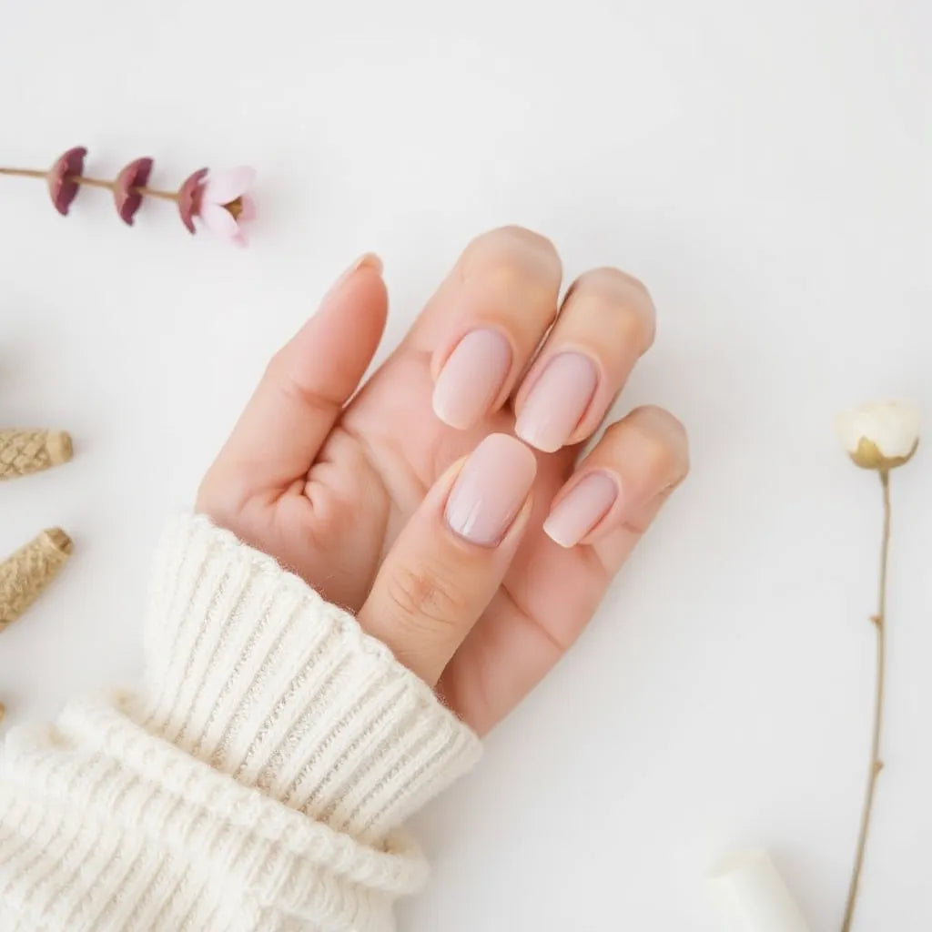 Glossy medium oval press-on nails in a natural nude-pink finish on a clean white background