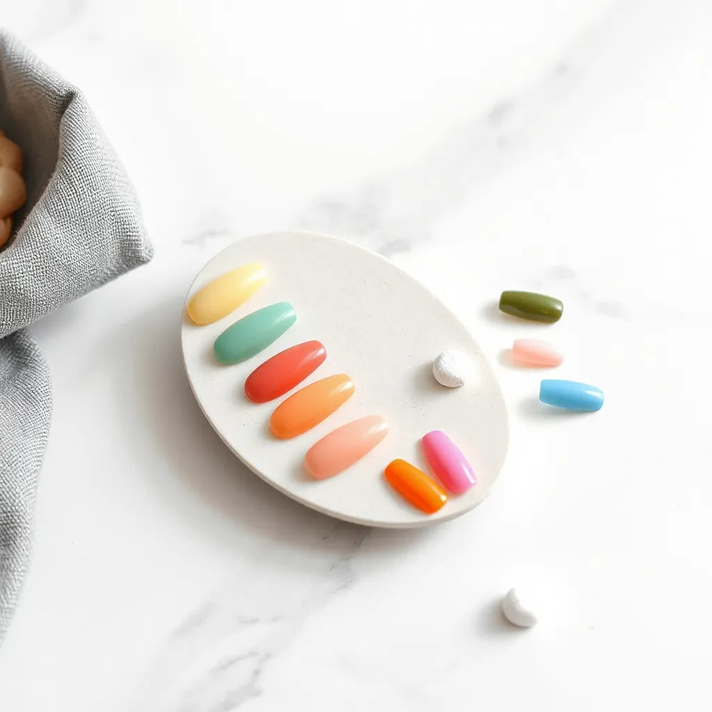 Neatly arranged colorful nail sets with vibrant swatches on a neutral tabletop in natural light