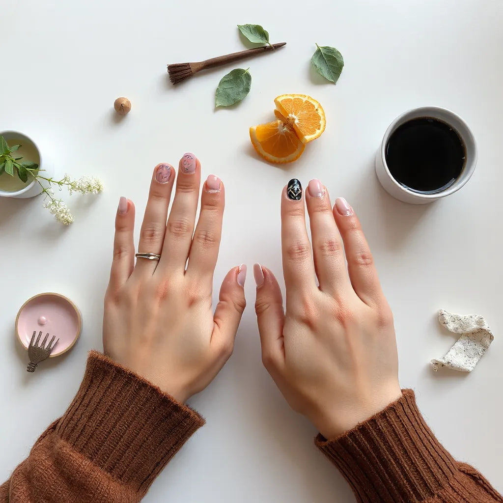 Hands with glossy creative nail art featuring swirls, geometric accents, and small gems on a neutral background