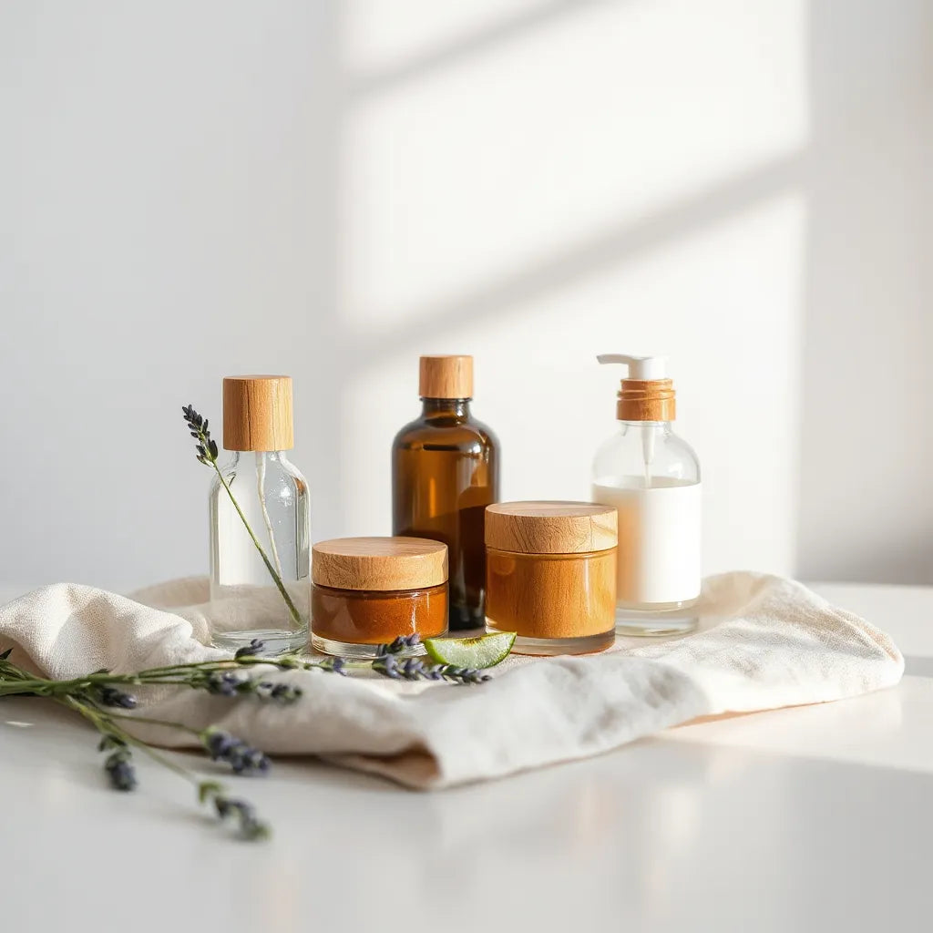 Minimalist organic skincare bottles and jars with fresh botanical sprigs on a clean countertop