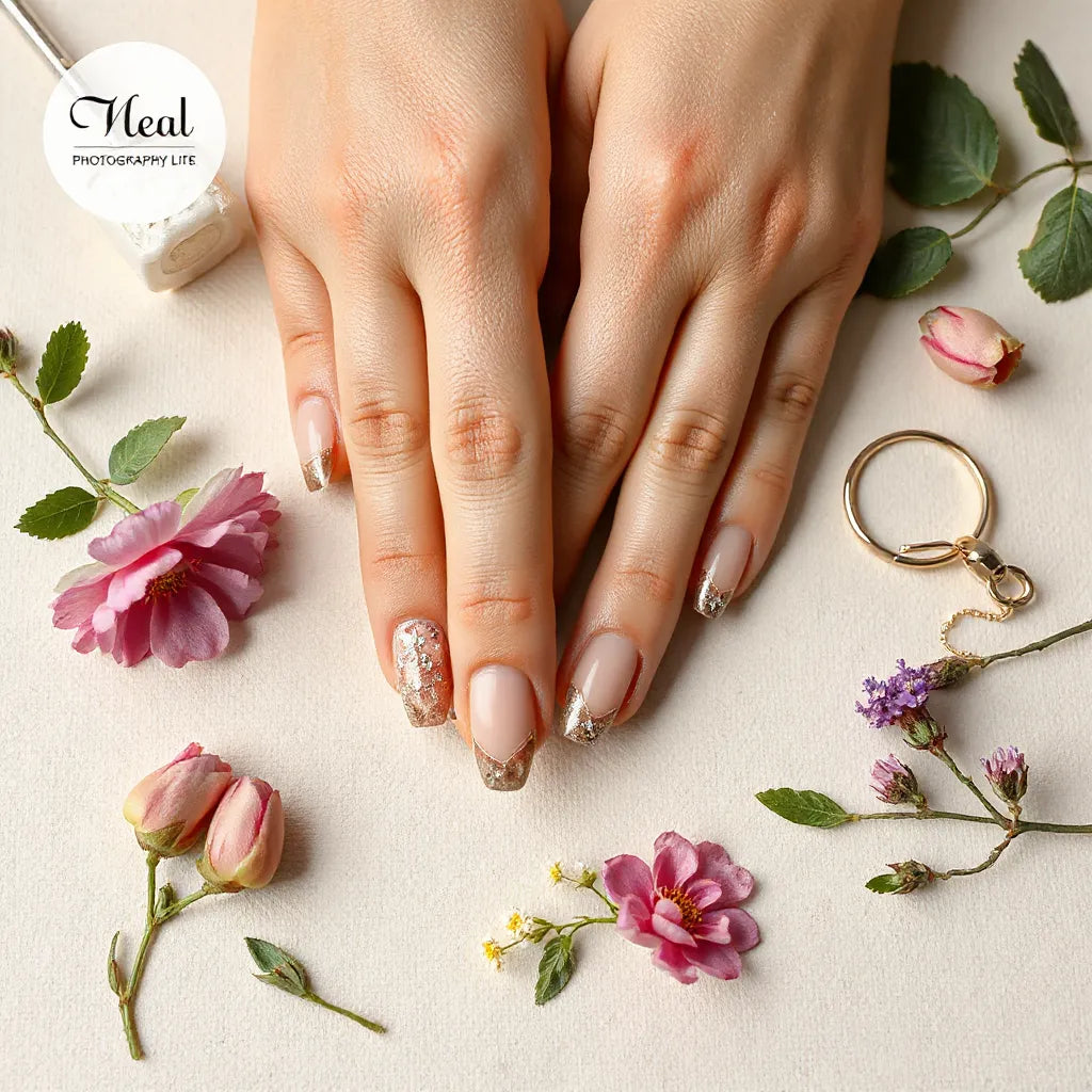 Manicured nails showcasing minimalist and floral nail art designs on a neutral background