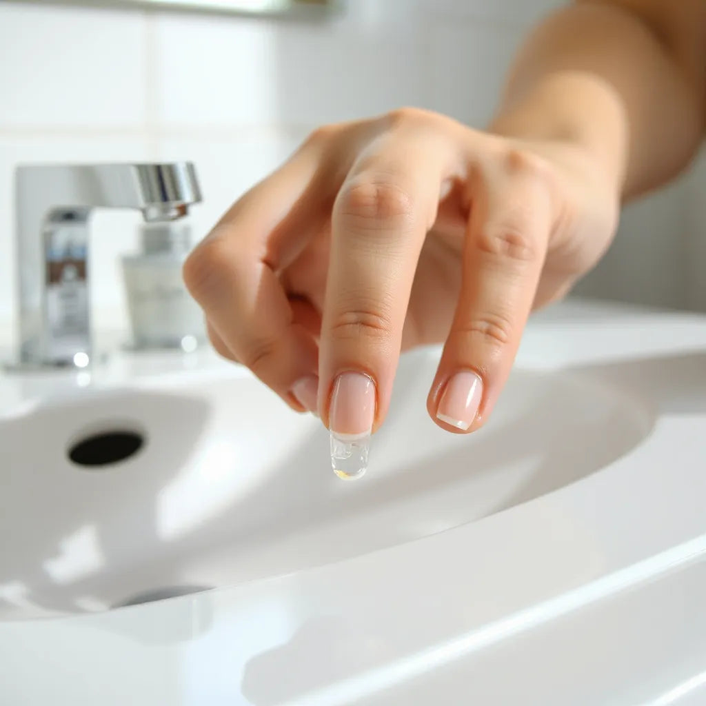 Close-up of clear nail glue being applied at the cuticle for a secure, long-lasting press-on nail hold
