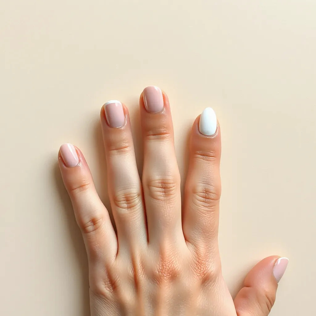 Five manicured nail shapes—round, oval, almond, squoval, and coffin—shown on a neutral background