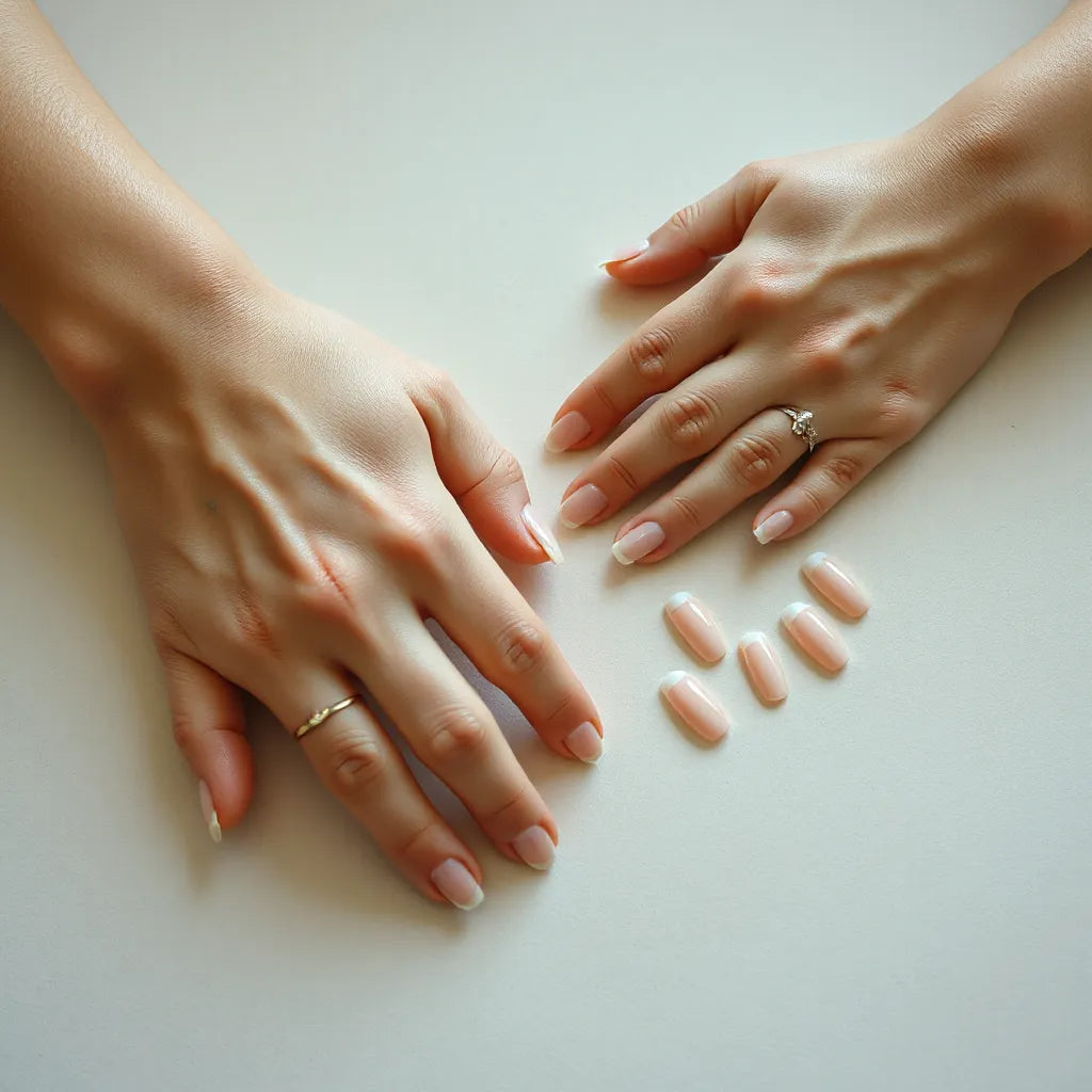 Coffin-shaped press-on nails with glossy finish arranged next to neatly manicured hands