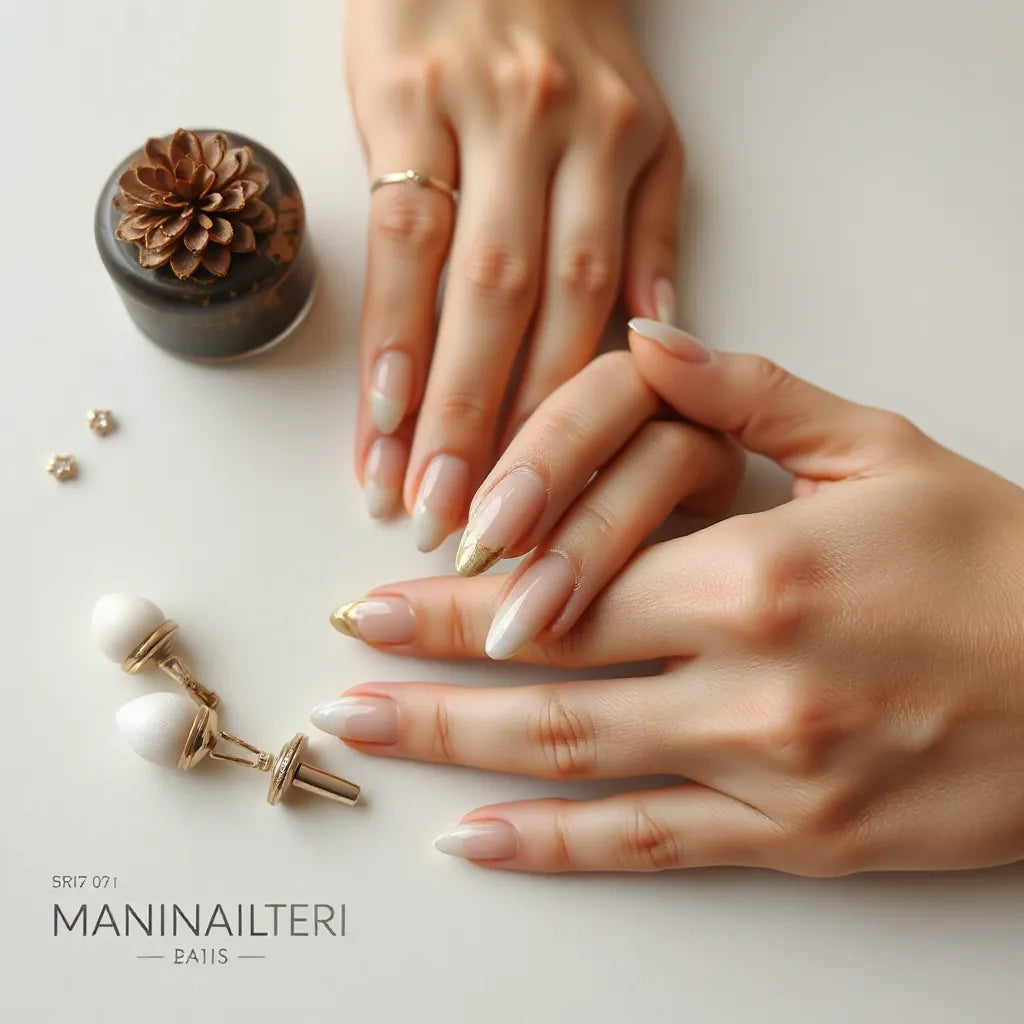 Hand with glossy almond nails featuring minimalist nude and gold foil elegant accents