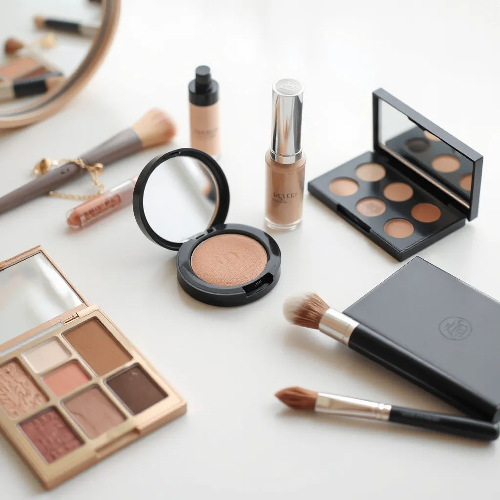 A makeup vanity with cruelty-free cosmetics and brushes arranged neatly on a clean light background