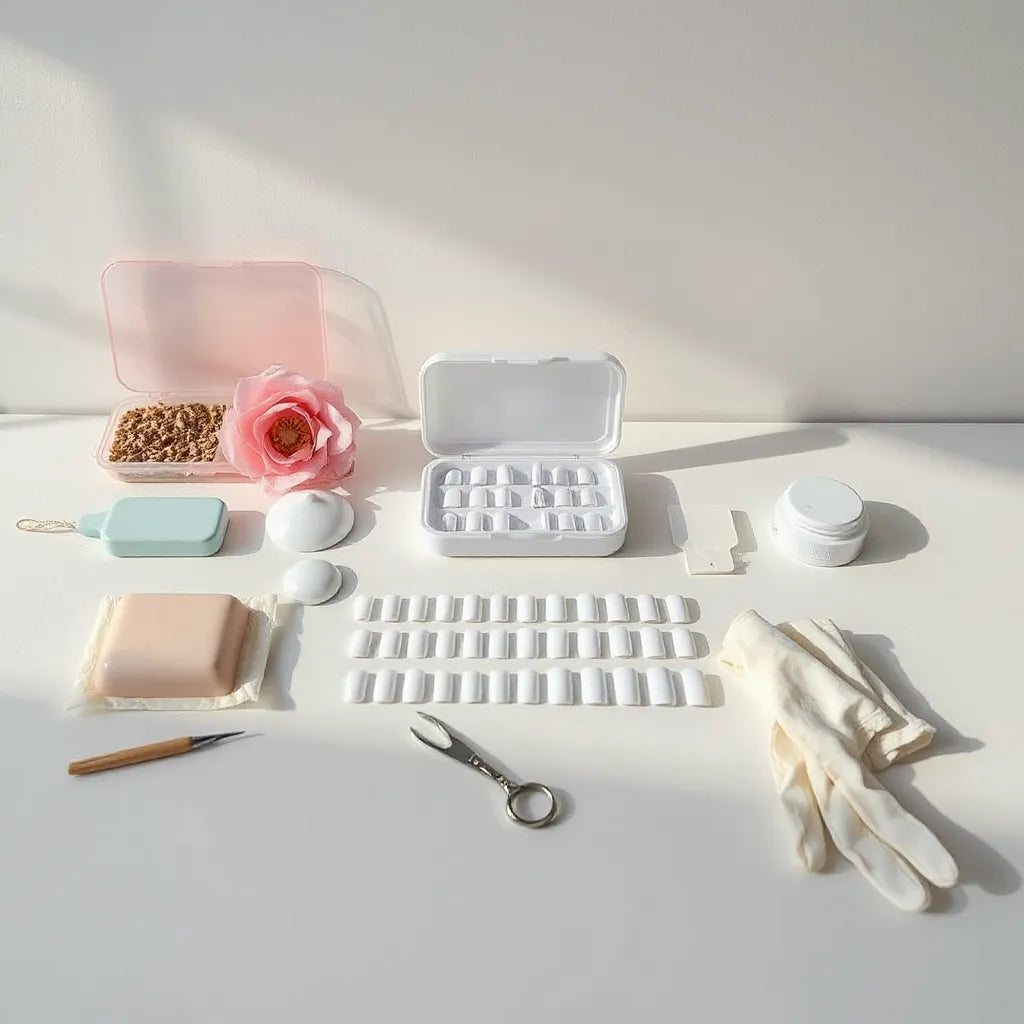Assorted press-on nails and prep tools arranged neatly on a clean tabletop