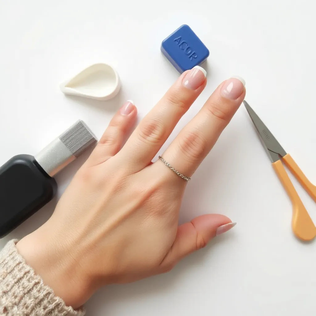Glossy long press-on nails with simple manicure prep tools on a clean light background