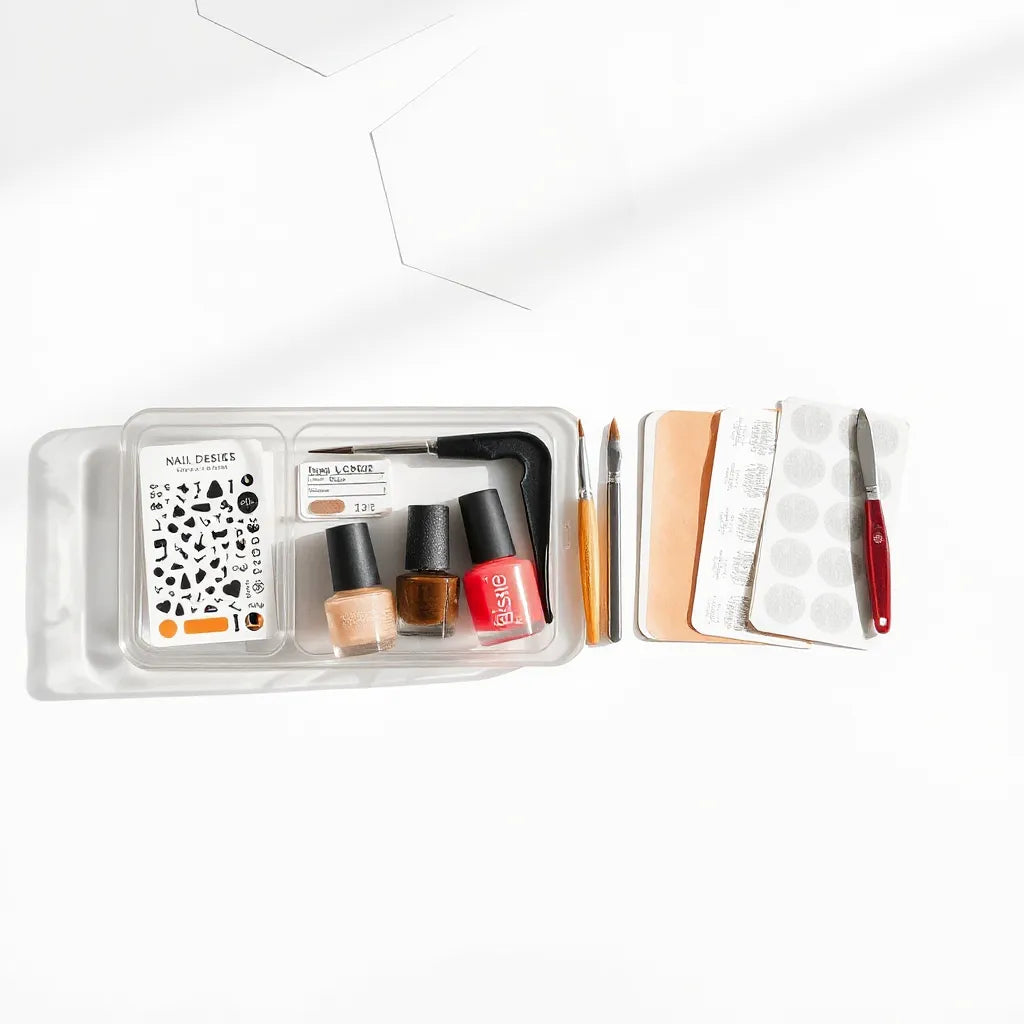 Assorted nail design kit tools and supplies arranged neatly on a clean tabletop