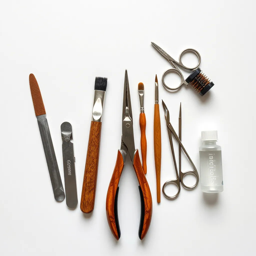 Neatly arranged nail prep and application tools on a clean white surface