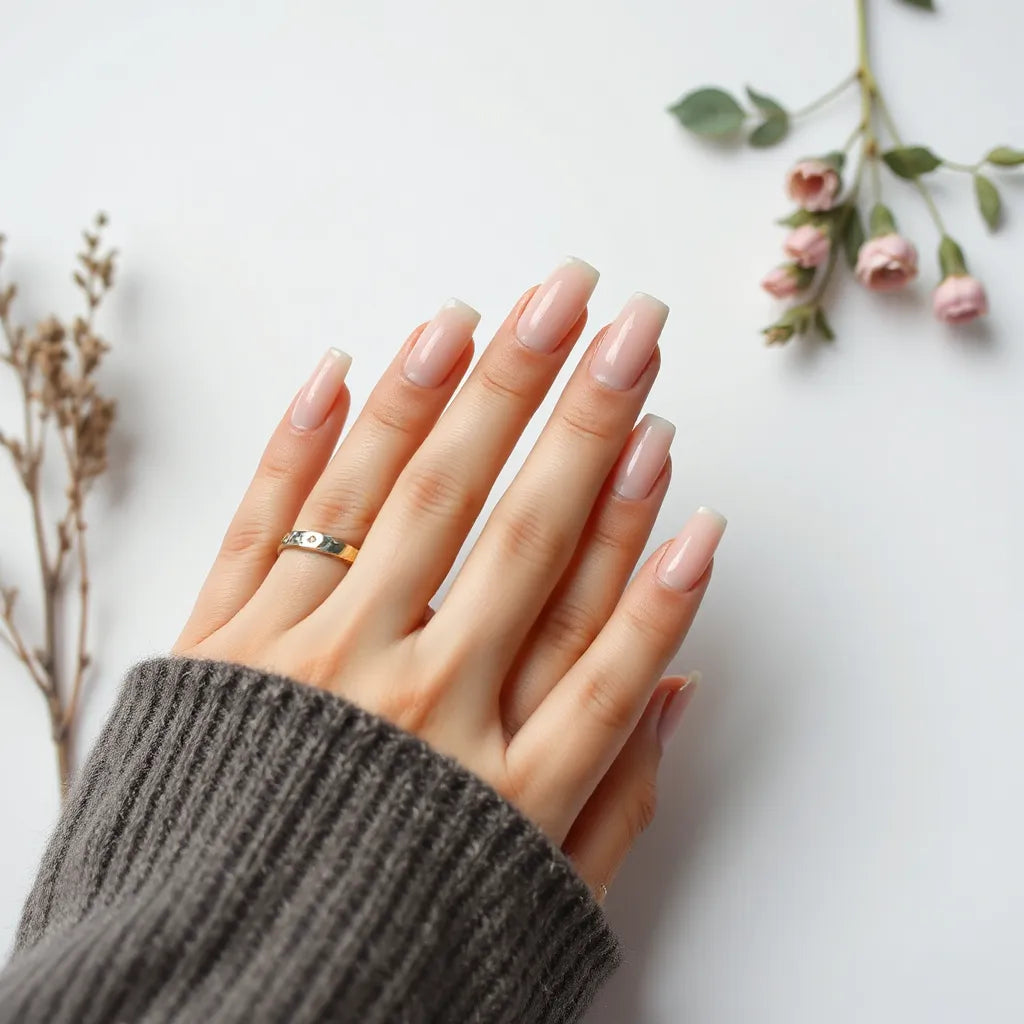 Close-up of hands with long, elegant glossy press-on nails in soft neutral tones