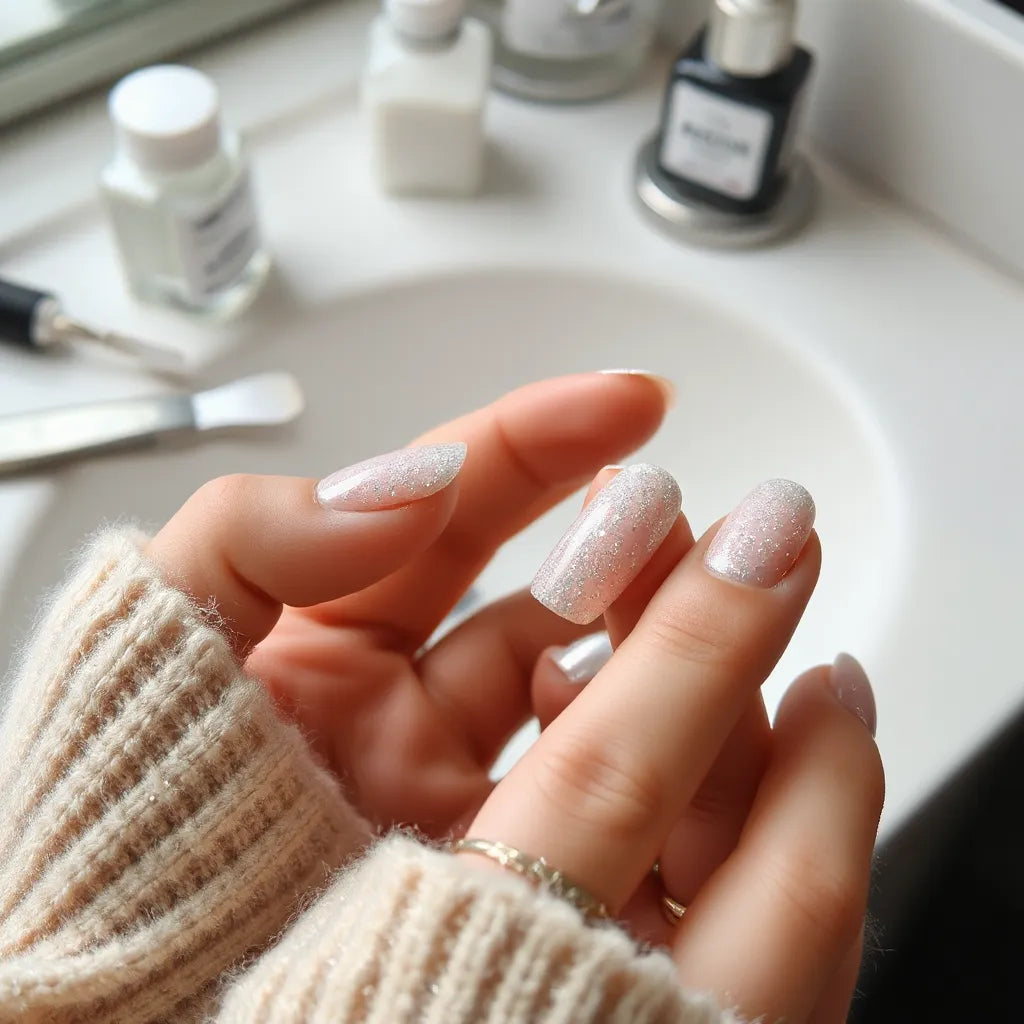 Hands wearing fine glitter press-on nails with a smooth, glossy finish in natural daylight