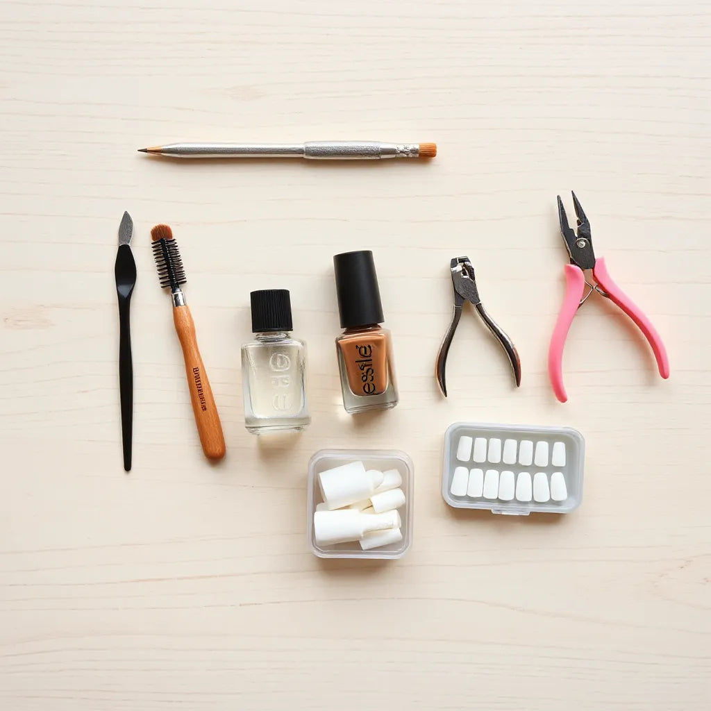 Neatly arranged manicure tools and polish bottles beside a compact set of press-on nails