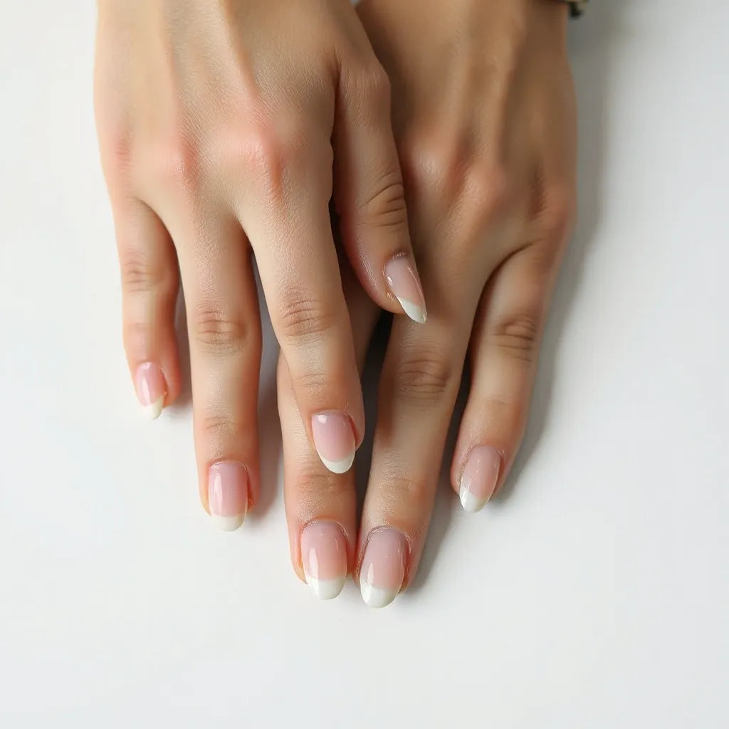 Hands with almond shaped press-on nails in a smooth, glossy finish on a clean white background