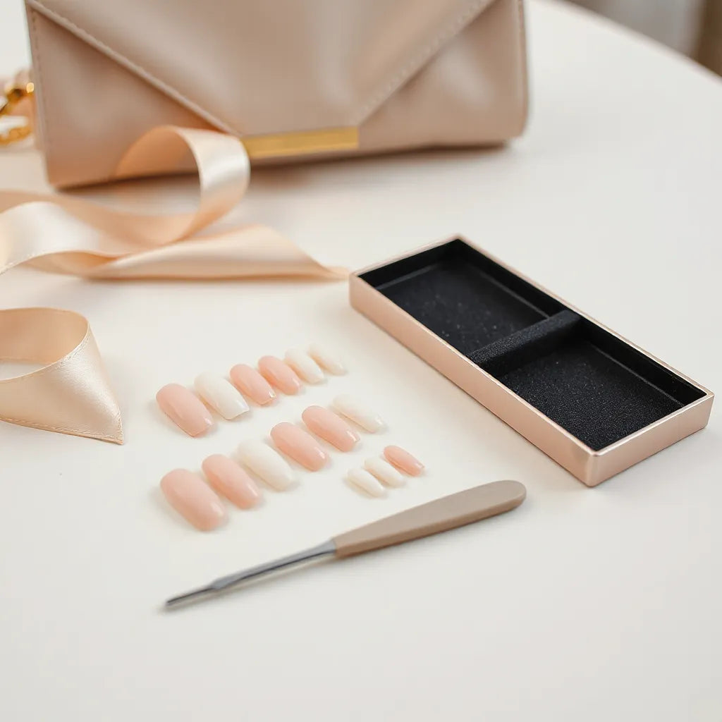 Coordinated nail set with press-on nails and small tools on a clean neutral tabletop