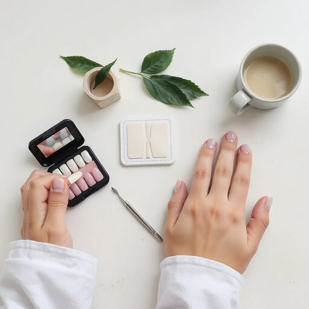 Hands preparing an easy-to-apply press-on nail set with tools on a clean manicure counter