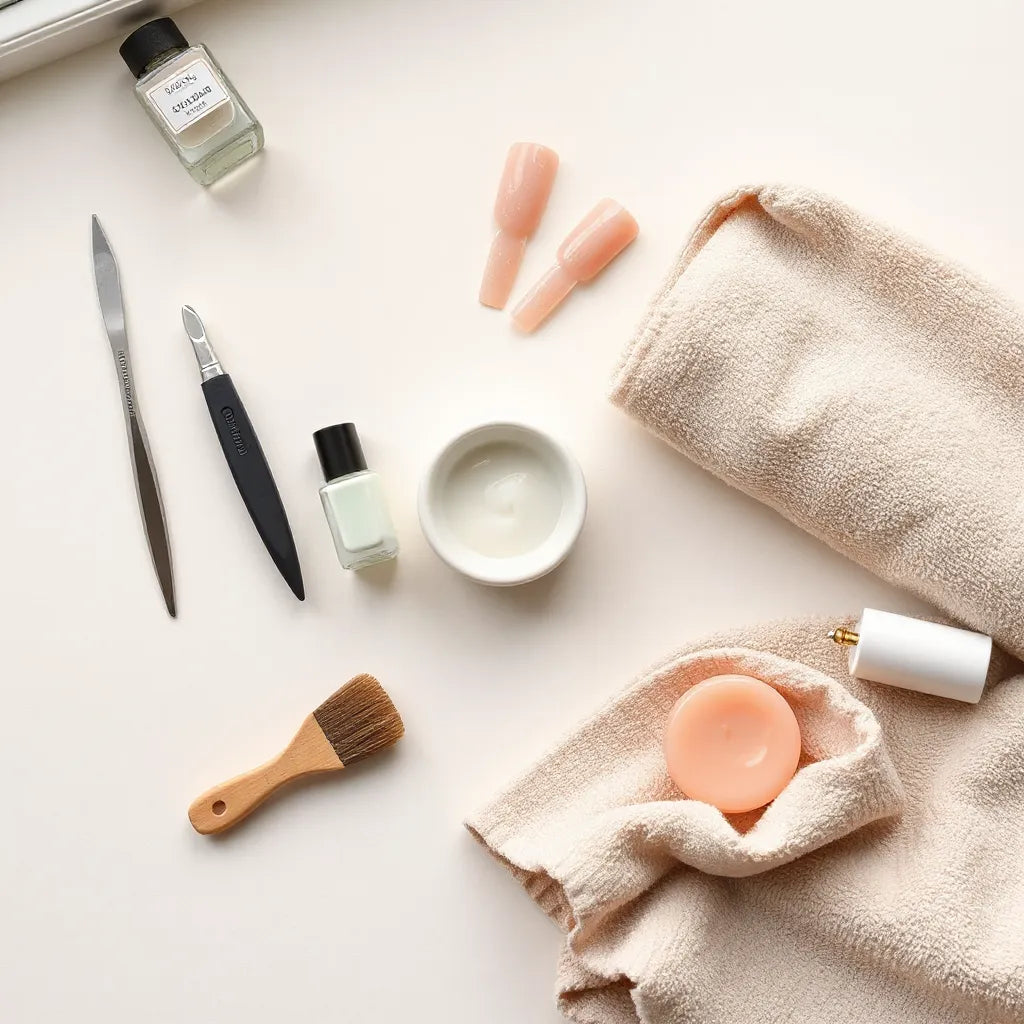 Neatly arranged manicure tools and press-on nails on a light neutral background for at-home nail results