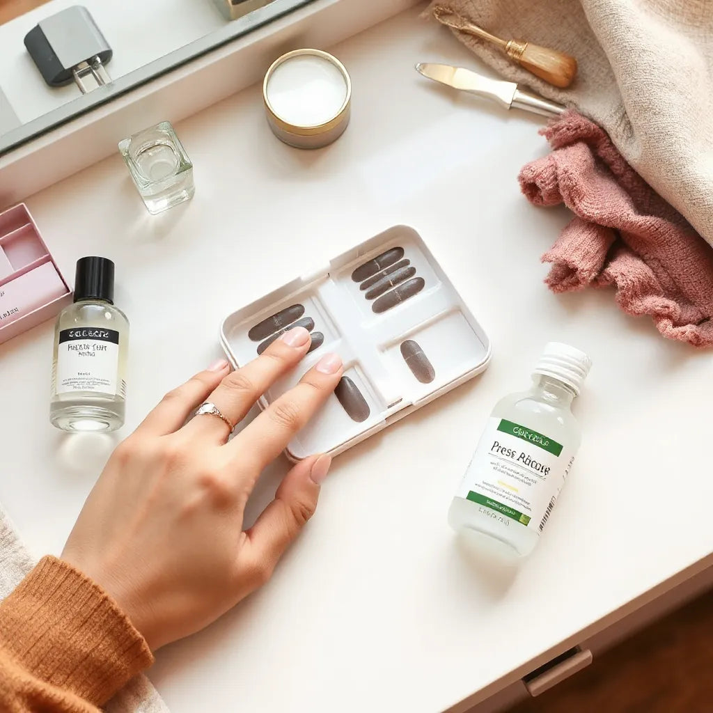 Hands applying press-on nails from a minimal kit on a clean vanity surface
