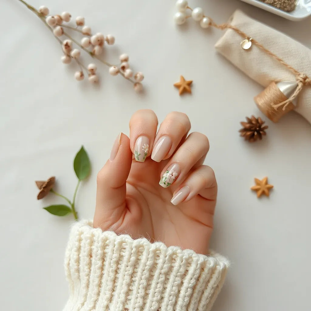 Hand with glossy nude nails featuring delicate floral accents and subtle shimmer